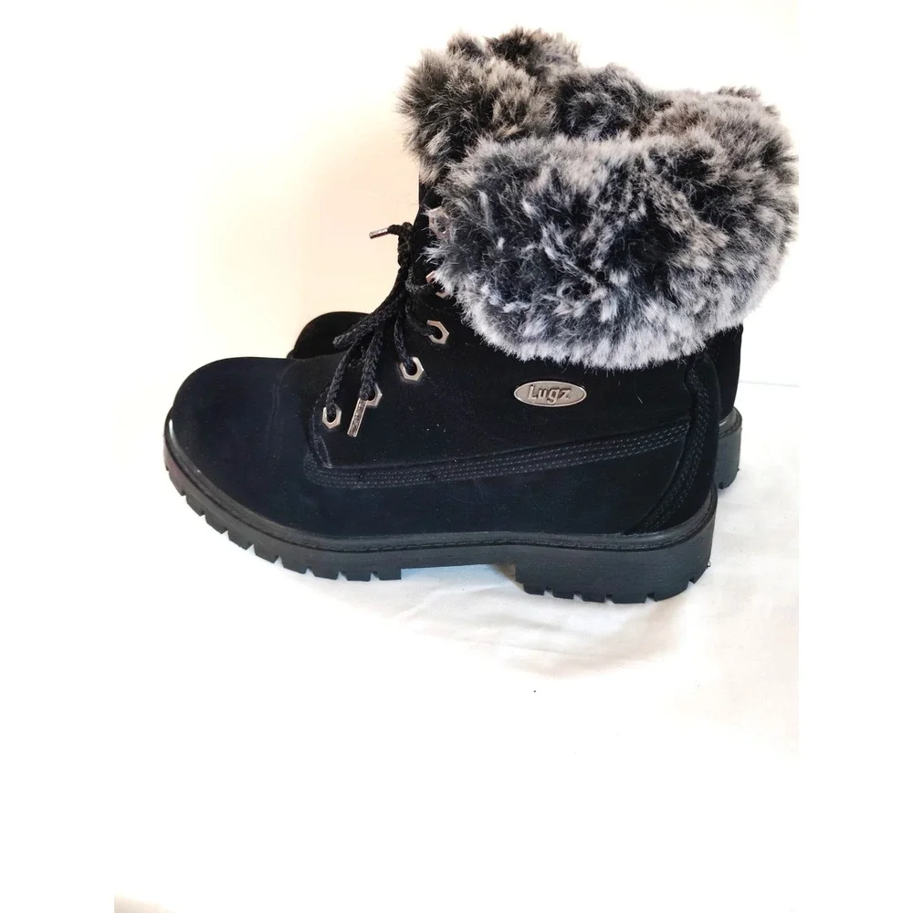 EUC-Lugz Convoy Women 8 Black Faux Fur Lace‑Up Western Winter Chunky Ankle Boots